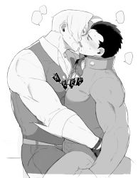  2boys ass bara blush closed_eyes ichimonji_batsu justice_gakuen kiss licking male_focus monochrome multiple_boys muscular nabana_(bnnbnn) roy_bromwell saliva sweat tagme tongue yaoi 