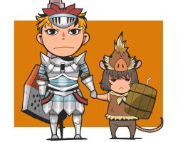 2girls :&lt; alternate_costume animal_ears armor armored_boots armored_skirt black_eyes black_hair boots breastplate chibi chibi_only closed_mouth commentary_request expressionless gauntlets grey_hair holding holding_hands holding_shield looking_at_viewer monster_hunter_(series) monster_hunter_portable_3rd mouse_ears mouse_girl mouse_tail multicolored_hair multiple_girls nazrin onikobe_rin orange_background orange_hair shield short_hair standing streaked_hair tail toramaru_shou touhou two-tone_background very_short_hair white_background 