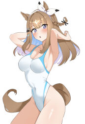  +_+ 1girl absurdres almond_eye_(umamusume) alternate_costume animal_ears anok7456 armpits arms_behind_head braided_sidelocks colored_inner_hair covered_navel hairband highleg highleg_one-piece_swimsuit highres horse_ears horse_girl horse_tail looking_at_viewer multicolored_hair one-piece_swimsuit open_mouth swimsuit symbol-shaped_pupils tail umamusume white_background white_hairband white_one-piece_swimsuit x-shaped_pupils 