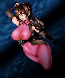  1041_(toshikazu) 1girl armor black_hair bodysuit breasts curvy dagger knife large_breasts makeup ninja nipples non-web_source orange_eyes solo soul_calibur taki_(soulcalibur) weapon 