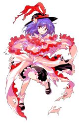  1girl alphes_(style) ascot black_hat black_shoes black_skirt capelet collared_shirt commentary_request dairi defeat frilled_capelet frilled_shawl frills full_body hagoromo hat hat_ribbon highres large_variant_set long_skirt long_sleeves looking_at_viewer medium_hair nagae_iku open_mouth parody purple_hair red_ascot red_eyes ribbon shawl shirt shoes skirt solo style_parody tachi-e torn_clothes touhou transparent_background variant_set white_shirt 