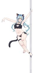  1girl absurdres animal_ear_fluff animal_ears barefoot bell black_panties blonde_hair blue_bow blue_collar blue_eyes blue_hair blue_nails bow breasts cat_cutout cat_ear_panties cat_tail cleavage clothing_cutout collar fake_animal_ears fishnet_leggings hair_bow highres holding kaminari_clara long_hair nail_polish navel neck_bell panties phase_connect pole side-tie_panties single_fishnet_legwear solo stomach stripper_pole tail toenail_polish toenails underwear valefal_coneri virtual_youtuber white_background 