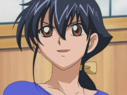  black_hair brown_eyes hair_between_eyes hair_over_one_eye purple_shirt shijou_saikyou_no_deshi_ken&#039;ichi shirt smile takashima_chihiro 