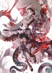  1girl :d apron black_dress black_shoes black_thighhighs blood blood_in_hair blood_on_clothes blood_on_face blood_on_hands blood_splatter bow bowtie brown_hair colored_skin cuso4_suiwabutu dress flat_chest floating_clothes frilled_apron frills full_body grey_skin hair_bun hair_rings hands_up highres holding holding_umbrella maid maid_apron maid_headdress mole mole_under_mouth monster_girl open_mouth original outstretched_arm parasol parted_bangs petticoat red_eyes red_theme shoes simple_background single_hair_bun smile solo tentacles tentacles_under_clothes thighhighs torn_clothes torn_thighhighs umbrella umbrella_riding updo white_apron white_background white_bow white_bowtie 