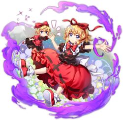  2girls back_bow black_shirt black_skirt blue_eyes blue_flower bobby_socks bow bowtie closed_mouth flower flower_request full_body game_cg hair_ribbon highres looking_at_viewer medicine_melancholy medium_hair multiple_girls official_art pink_flower poison red_bow red_bowtie red_ribbon red_shirt red_shoes red_skirt ribbon ribbon-trimmed_skirt ribbon_trim rotte_(1109) shirt shoes short_sleeves skirt socks sparkle su-san third-party_source touhou touhou_lostword transparent_background white_bow white_socks yellow_flower 