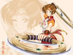  1girl arm_up breasts brown_hair chakram character_name chinese_clothes covered_erect_nipples cowboy_shot dual_wielding earrings female_focus foreshortening from_side gem green_eyes grin headband holding holding_weapon jewelry legs_apart looking_at_viewer momoya_show-neko obi one_eye_closed outstretched_arm ring sangokumuso sash shin_sangoku_musou short_hair short_shorts short_sleeves shorts smile solo sun_shang_xiang_(shin_sangoku_musou) thighs turtleneck weapon windfire_wheel wink zoom_layer 