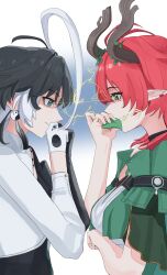  2girls absurdres black_eyes black_hair black_shirt breasts ciaccona_(wuthering_waves) closed_mouth commentary eye_contact gloves green_eyes green_jacket hand_up hashtag-only_commentary highres jacket jianxin_(wuthering_waves) large_breasts looking_at_another multicolored_hair multiple_girls musical_note partially_shaded_face pointy_ears red_hair rivalry shirt smile tacet_mark_(wuthering_waves) tree_horns two-tone_hair two-tone_shirt white_gloves white_hair white_shirt wuthering_waves yonyanyon 