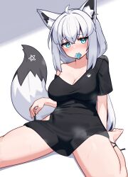 1girl absurdres animal_ears black_shirt blue_eyes breasts cleavage commentary_request condom condom_in_mouth fox_ears fox_girl fox_tail highres hololive large_breasts mouth_hold off_shoulder pentagram shirakami_fubuki shirt short_hair short_sleeves sitting solo t-shirt tail verdey virtual_youtuber white_hair rating:Sensitive score:37 user:danbooru
