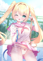  1girl ;d blonde_hair blue_sky blurry blurry_background blush bow bow_panties breasts cameltoe chain-link_fence cloud cloudy_sky commentary_request day depth_of_field empty_pool fence frilled_panties frills gluteal_fold green_eyes hair_intakes highres holding hose long_hair looking_at_viewer medium_breasts neckerchief one_eye_closed open_mouth original outdoors panties pink_sailor_collar pink_skirt pleated_skirt pool puffy_short_sleeves puffy_sleeves red_neckerchief sailor_collar school_uniform serafuku shirt short_sleeves sidelocks skirt sky smile solo twintails underwear very_long_hair water white_panties white_shirt yomogi_(becr) 