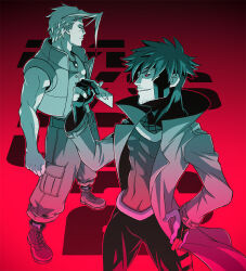  2boys beard capcom charlie_nash coat facial_hair frown gambit glasses grin hand_on_own_hip jacket looking_at_another marvel marvel_vs._capcom marvel_vs._capcom_2 multiple_boys red_eyes smile smug standing x-men x-men_vs._street_fighter x-men_vs_street_fighter 