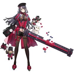 1girl black_bag black_hair black_hat black_skirt bra_visible_through_clothes breasts character_doll dinergate_(girls&#039;_frontline) doll full_body game_cg girls&#039;_frontline girls&#039;_frontline_neural_cloud hat highres holding holding_sword holding_weapon huge_weapon large_breasts lego lewis_(girls&#039;_frontline) lewis_(neural_cloud) long_hair official_art parted_lips skirt solo standing starshadowmagician sword tachi-e third-party_source transparent_background weapon yellow_eyes