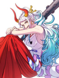  1girl bare_shoulders breasts club_(weapon) commentary earrings green_hair hakama holding holding_weapon horns japanese_clothes jewelry jjim kimono long_hair looking_at_viewer medium_breasts multicolored_hair one_piece open_mouth ponytail red_hakama sidelocks sleeveless sleeveless_kimono smile solo symbol-only_commentary two-tone_hair weapon white_background white_hair white_kimono yamato_(one_piece) yellow_eyes 