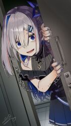  1girl amane_kanata bare_shoulders black_shirt blue_hair blue_skirt grey_hair halo highres hololive isuka long_hair multicolored_hair open_door parted_lips shirt skirt solo star_halo virtual_youtuber 