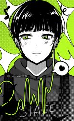  1girl androgynous apron blush clothes_writing commentary ear_piercing eighth_note english_commentary green_background green_eyes heart highres hood hood_down hoodie kininatteru_hito_ga_otoko_ja_nakatta koga_mitsuki light_smile looking_to_the_side mih0 mole mole_under_eye musical_note partially_colored piercing reverse_trap short_hair single_earphone_removed solo spoken_heart upper_body 