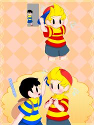 2boys backpack bag black_hair blonde_hair blue_stripes blush child door elementary_schoolboy hat legs lucas_(mother_3) mother_(series) mother_2 mother_3 mrsksigure multiple_boys nervous_smile ness_(mother_2) nintendo red_hay red_stripes shirt shoes shorts shota smile socks super_smash_bros. sweat sweatdrop walking white_socks yaoi yellow_shirt