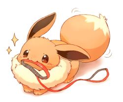  brown_sclera colored_sclera commentary_request eevee gen_1_pokemon holding holding_leash leash looking_at_viewer mimix mouth_hold neck_fur nintendo no_humans pokemon pokemon_(creature) pokemon_focus shadow signature simple_background sparkle sparkling_aura twitter_username white_background 