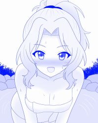  1girl bath blue_theme blush breasts cleavage commentary girls_und_panzer hair_intakes hair_tie hair_up kay_(girls_und_panzer) large_breasts leaning_forward looking_at_viewer medium_hair monochrome naked_towel ofuro open_mouth ponytail shira14 smile solo standing towel wet 