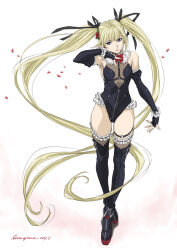  1girl bare_shoulders black_leotard blonde_hair blue_eyes blush breasts dead_or_alive detached_sleeves framed_breasts frilled_one-piece_swimsuit frills hair_ornament hair_ribbon hiragoma leotard long_hair marie_rose one-piece_swimsuit petals ribbon small_breasts solo swimsuit thighhighs twintails x_hair_ornament 