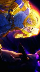  2boys 2others abs armband black_eyes black_hat blonde_hair clenched_hand colored_skin dio_brando gloves grey_skin grin hat heaven_ascended_dio helmet highres jewelry jojo_no_kimyou_na_bouken jojo_no_kimyou_na_bouken:_eyes_of_heaven kuujou_joutarou long_hair male_focus multiple_boys multiple_others muscular muscular_male necklace purple_skin santamanymany sideways smile stand_(jojo) star_ornament star_platinum teeth the_world the_world_over_heaven very_long_hair white_helmet yellow_gloves 