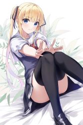 1girl ahoge ass bed_sheet black_thighhighs blonde_hair blue_eyes blue_ribbon blue_skirt blue_vest closed_mouth convenient_leg floral_background hair_ribbon highres knees_together_feet_apart loafers long_hair looking_at_viewer pleated_skirt ribbon saenai_heroine_no_sodatekata sailor_collar sawamura_spencer_eriri shoes sitting skirt solo thighhighs thighs twintails vest white_sailor_collar yanagi_marie rating:Sensitive score:20 user:danbooru
