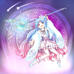  1girl aqua_hair arm_up breasts collarbone dress duel_monster frilled_anklet hair_ornament holding holding_scepter kirituka_yuuka long_hair looking_at_viewer magic_circle medium_breasts open_mouth pantyhose pink_hair rilliona_(yu-gi-oh!) scepter shoes solo very_long_hair white_dress white_pantyhose witchcrafter_madame_verre yu-gi-oh! 