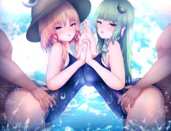  2boys 2girls :o aged_up alternate_breast_size ass asymmetrical_docking bad_id bad_pixiv_id blonde_hair blue_eyes blue_sky blush breast_press breasts brown_eyes brown_headwear clothed_sex cloud commentary_request cum cum_in_pussy darumoon doggystyle frog_hair_ornament from_side green_hair group_sex hair_ornament hair_ribbon hair_tubes hat highres holding_hands huge_ass kochiya_sanae large_breasts long_hair moriya_suwako multiple_boys multiple_girls cum_overflow penis red_ribbon ribbon school_swimsuit sex sex_from_behind sky snake_hair_ornament standing swimsuit touhou tress_ribbon water  rating:Explicit score:90 user:danbooru