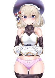  1girl absurdres azur_lane beret bike_shorts bike_shorts_pull blonde_hair bow bow_panties breasts clothes_lift clothes_pull cowboy_shot cross detached_sleeves eesuke_(shin1athke) gloves hat highres iron_cross lifting_own_clothes looking_at_viewer medium_hair navel panties pelvic_curtain pelvic_curtain_lift picot_trim_panties print_panties shorts shorts_pull simple_background solo striped_bow thigh_gap underwear white_background white_gloves z23_(azur_lane) 