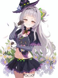  1girl black_hat black_skirt blush brown_gloves closed_mouth crying crying_with_eyes_open gloves grey_hair grey_shirt hair_bun hat highres hololive long_hair looking_at_viewer murasaki_shion murasaki_shion_(1st_costume) shirt sidelocks skirt smile solo striped_clothes striped_shirt szkure. tears thigh_strap vertical-striped_clothes vertical-striped_shirt very_long_hair virtual_youtuber witch_hat yellow_eyes 