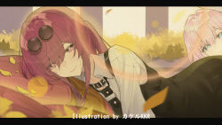  2girls artist_name black_necktie blue_eyes closed_mouth cyrene_(honkai:_star_rail) eyewear_on_head glasses honkai:_star_rail honkai_(series) kafka_(honkai:_star_rail) leaf letterboxed looking_at_viewer lying missing_commentary multiple_girls necktie on_side outdoors pince-nez pink_hair purple_eyes round_eyewear shirt smile solo_focus srpzk sunglasses white_shirt 