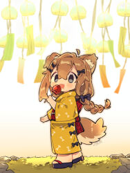 1girl :d ahoge alternate_costume animal_ear_fluff animal_ears black_bow black_sandals blush_stickers bone_print bow braid candy_apple commentary_request detached_ahoge dog_ears dog_girl dog_tail fang food full_body grey_eyes hair_bow highres holding holding_candy_apple holding_food japanese_clothes kimono long_hair long_sleeves looking_at_viewer mamehinata notamaru_2 obi okobo open_mouth platform_sandals print_kimono red_sash sandals sash single_braid skin_fang smile solo standing tail vrchat wide_sleeves yellow_kimono 