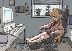 1girl :/ ahoge bag barefoot bed bird blonde_hair blue_shirt book bow bowtie cardigan chair closed_mouth collared_shirt commentary commission computer computer_keyboard computer_mouse crt desk dog_slippers english_commentary feet framed_image full_body gabriel_dropout gabriel_tenma_white hair_between_eyes headphones highres indoors linux long_hair long_sleeves looking_at_screen looking_at_viewer looking_to_the_side miniskirt mitsubishi mitsubishi_electric monitor notebook office_chair on_chair pantsu-ripper pen penguin photo_inset pink_cardigan plaid_clothes plaid_skirt plant polo_shirt potted_plant purple_eyes qr_code real_life red_bow red_bowtie red_skirt school_bag school_uniform shelf shirt sidelocks sitting skirt slippers smile solo swivel_chair terry_a_davis toes tux very_long_hair white_shirt window window_blinds wing_collar wooden_floor