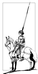  1girl absurdres armor artist_name blunt_bangs chainmail closed_mouth cuirass expressionless gauntlets girdle greaves greyscale helmet highres holding holding_helmet horse horseback_riding kneehighs long_hair monochrome original pirata_(gailtonatiu) plate_armor poleyn riding sabaton saddle short_hair signature socks solo stirrups_(riding) unworn_headwear unworn_helmet 