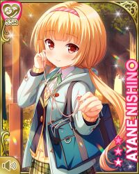  1girl blonde_hair blue_jacket card character_name clenched_hands closed_mouth coat day earbuds earphones forest girlfriend_(kari) green_neckwear green_skirt headband jacket nature nishino_ayane official_art outdoors plaid_clothes plaid_skirt qp:flapper red_eyes school_uniform shirt skirt smile standing sunset tagme twintails white_coat white_shirt winter_clothes winter_coat 