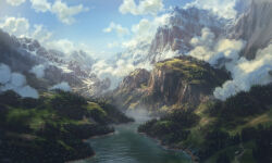  blue_sky cloud commentary day english_commentary krita_(medium) landscape mountain nature no_humans original outdoors philipp_urlich river scenery sky tree 