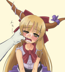  1girl bad_id bad_pixiv_id blonde_hair blush brown_eyes cum cum_in_mouth cum_on_body cum_on_tongue empty_eyes facial finger_in_another&#039;s_mouth finger_in_own_mouth half-closed_eyes horns ibuki_suika loli long_hair muumuu open_mouth solo_focus torn_clothes touhou uneven_eyes  rating:Explicit score:67 user:danbooru