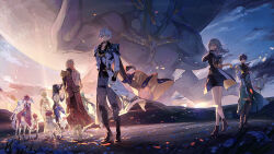  4boys 6+girls aglaea_(honkai:_star_rail) anaxa_(honkai:_star_rail) antenna_hair aqua_hair arm_tattoo armor back_tattoo black_boots black_hair black_hood black_jacket black_pants black_shirt blonde_hair blue_eyes boots castorice_(honkai:_star_rail) cat_girl cat_tail cipher_(honkai:_star_rail) coat commentary_request dan_heng_(honkai:_star_rail) dan_heng_(hunt)_(honkai:_star_rail) dress drill_hair from_behind full_body green_hair grey_hair grey_pants hair_between_eyes hand_on_own_chin hand_up hat high_heel_boots high_heels highres hitohachan honkai:_star_rail honkai_(series) hooded_leotard hyacine_(honkai:_star_rail) jacket kephale_(honkai:_star_rail) knee_boots long_hair long_sleeves looking_at_viewer medium_hair multiple_boys multiple_girls mydei_(honkai:_star_rail) outdoors pants pauldrons phainon_(honkai:_star_rail) pink_hair purple_hair red_dress red_hair red_hat red_tattoo shirt short_hair shoulder_armor single_pauldron statue stelle_(honkai:_star_rail) sunlight sunrise tail tattoo toned toned_male trailblazer_(honkai:_star_rail) trianne_(honkai:_star_rail) tribbie_(honkai:_star_rail) trinnon_(honkai:_star_rail) triplets twin_drills twintails very_long_hair white_coat white_dress white_hair wind yellow_eyes 