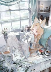  1girl animal_ear_fluff animal_ears bare_shoulders bird bird_on_knee blonde_hair blue_archive blush book cake detached_sleeves dress flower food forehead fox_ears fox_girl fox_tail hair_flower hair_ornament holding holding_book long_hair looking_at_viewer lying no_shoes on_back on_bed pantyhose pink_eyes seia_(blue_archive) sidelocks sleeves_past_fingers sleeves_past_wrists solo striped_clothes striped_pantyhose sweatdrop tail tea vertical-striped_clothes vertical-striped_pantyhose watakokyu white_dress white_flower white_pantyhose 
