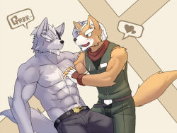  2boys abs annoyed bara bare_pectorals biceps black_pants blush brown_fur commentary_request english_text eyepatch fox_mccloud furry furry_male green_pants green_shirt grey_fur hand_on_another&#039;s_chest hand_on_another&#039;s_head heart looking_at_another male_focus multiple_boys muscular muscular_male navel nintendo one_eye_covered open_mouth pants pectorals red_scarf scarf shirt simulated_facial sleeveless smile speech_bubble spoken_heart star_fox suggestive_fluid topless_male tsukigara_rosshi wolf_o&#039;donnell yaoi 