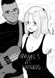  1boy 1girl absurdres animals_as_leaders bangs_pinned_back bare_shoulders black_shirt blush breasts cleavage commentary earrings english_commentary english_text glasses greyscale group_name guitar hair_ornament hairclip highres indoors inne_sulistya_robin instrument jewelry large_breasts long_hair looking_at_viewer monochrome norman_maggot open_mouth original selfie shirt short_hair sidelocks smile tank_top teacher tosin_abasi 
