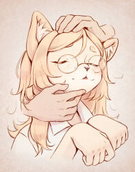 1girl animal_ear_fluff animal_nose blonde_hair blush brown_background collared_shirt commentary disembodied_hand furry furry_female glasses hand_on_another&#039;s_head headpat hitoner long_hair parted_lips paw_pose ritsuxz round_eyewear shirt solo_focus tonerico white_shirt rating:General score:7 user:danbooru
