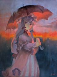  1girl blue_ribbon bow commentary cowboy_shot crescent dress expressionless frilled_dress frills hair_bow hat highres holding holding_umbrella long_hair long_sleeves looking_at_viewer looking_back low-tied_long_hair low-tied_sidelocks mob_cap oil_painting_(medium) outdoors painting_(medium) patchouli_knowledge purple_hair rain red_eyes red_ribbon ribbon sidelocks signature solo sunset touhou traditional_media umbrella white_dress yuuren_kyouko 