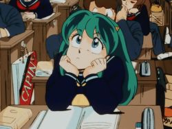  alien animated animated_gif anime_screenshot blinking classroom daydreaming desk dreaming green_hair hands_on_own_face horns looking_up lowres lum multiple_boys multiple_girls oni personification school school_uniform smile urusei_yatsura 