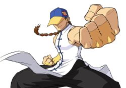  1boy baggy_pants baseball_cap bengus braid bridal_gauntlets brown_hair chinese_clothes clenched_hands covered_eyes fighting_stance game_cg hat hat_over_eyes highres long_hair male_focus muscular non-web_source official_art pants simple_background single_braid sleeveless smile solo street_fighter street_fighter_iii_(series) street_fighter_zero_(series) white_background yun_lee 