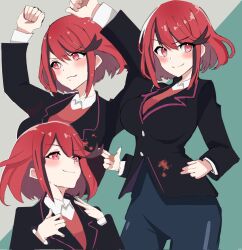  1girl alternate_costume arms_up black_jacket blazer blush breasts bully_maguire_(meme) collared_shirt commentary english_commentary highres jacket large_breasts long_sleeves looking_at_viewer marvel meme multiple_views ootaquill parody pyra_(xenoblade) red_eyes red_hair shirt smile spider-man_(series) spider-man_2 spider-man_3 white_shirt xenoblade_chronicles_(series) xenoblade_chronicles_2 