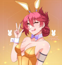  1girl animal_ear_hairband animal_ears azumishard bow bowtie breasts commentary commission detached_collar double-parted_bangs eiyuu_densetsu english_commentary english_text fake_animal_ears hair_between_eyes hair_bun hairband leotard looking_at_viewer medium_breasts one_eye_closed pink_hair playboy_bunny plunging_neckline purple_bow purple_bowtie rabbit_ear_hairband rabbit_ears sara_valestein sen_no_kiseki_(series) short_hair sideboob smile solo strapless strapless_leotard tongue tongue_out traditional_bowtie v vgen_commission white_wrist_cuffs wrist_cuffs yellow_eyes 