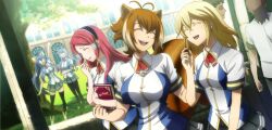  2boys 5girls animal_ears blazblue blazblue:_central_fiction blonde_hair blue_hair book border breasts brown_hair closed_eyes game_cg genderswap genderswap_(mtf) highres kajun_faycott large_breasts long_hair mai_natsume makoto_nanaya multiple_boys multiple_girls noel_vermillion official_art open_mouth pantyhose ponytail red_hair school_uniform smile tagme tail thighhighs tsubaki_yayoi  rating:General score:5 user:Yavie