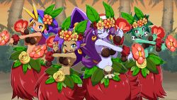  4girls absurdres alternate_costume breasts cleavage coconut_bra grass_skirt highres midriff multiple_girls navel official_art pointy_ears risky_boots rottytops shantae shantae_(series) shantae_and_the_seven_sirens sky_(shantae) tagme  rating:Sensitive score:33 user:Master741