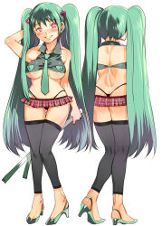  1girl alternate_costume alternate_eye_color ass back belt belt_skirt breasts butt_crack hair_ornament hatsune_miku heart heart_hair_ornament high_heels large_breasts long_hair median_furrow midriff mizuryu_kei necktie panties partially_undressed red_eyes revealing_clothes ringed_eyes shoulder_blades side-tie_panties sleeveless smile thong underboob underwear vocaloid 