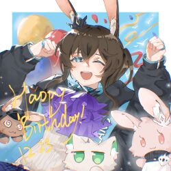  1girl ;d @_@ again_nuo amiya_(arknights) animal_ears animalization arknights ascot balloon black_jacket blue_background border brown_hair clenched_hands dated doctor_(arknights) hands_up highres hood hooded_jacket jacket jewelry kal&#039;tsit_(arknights) looking_at_viewer one_eye_closed open_mouth outside_border purple_ascot rabbit rabbit_ears rabbit_girl ring shirt simple_bird smile solo streamers theresa_(arknights) upper_body white_border white_shirt 