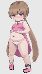  1girl belly blush bow bow_panties breasts brooch clothes_lift dress dress_lift fat fat_woman female_focus full_body heart heart_brooch highres jewelry light_brown_hair loli long_hair midriff navel oruka_(kamituki0827) panties pink_dress plump purple_eyes sharp_teeth slit_pupils small_breasts solo standing sweatdrop teeth thighs tsukuyomi_ai twintails underwear voiceroid  rating:Questionable score:220 user:largesoda999